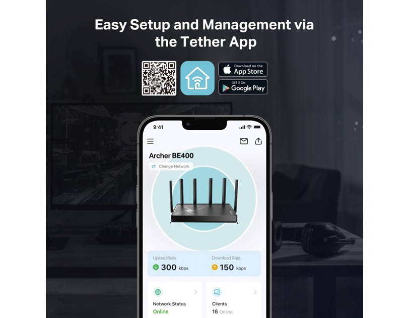 TP-Link BE6500 Wi-Fi 7 usmjerivač (Dual-Band Router Wi-Fi 7), 688Mbps/5764Mbps (2.4GHz/5GHz) MU-MIMO, 1×2.5 Gbps WAN , 1×2.5 Gbps LAN, 3×1 Gbps LAN, Tether App