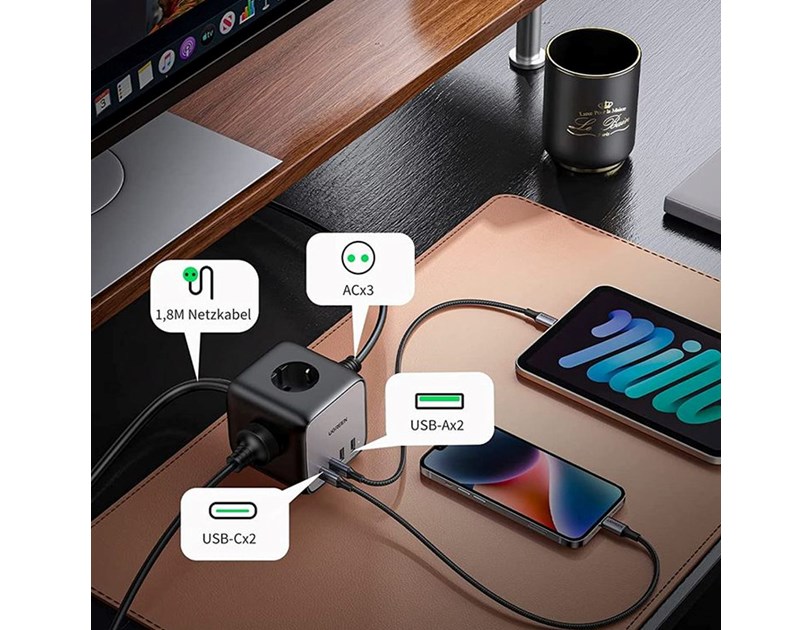 UGREEN DigiNest Cube, univerzalni punjač, 65W, 3x ŠUKO utičnica, 2x USB-C, 2x USB-A, 1.8m, crno sivi