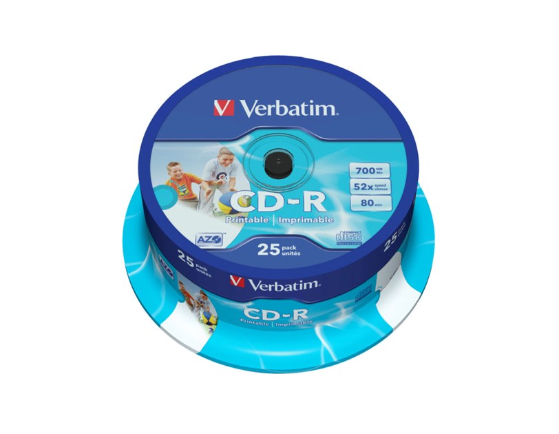 CD-R Verbatim 700MB 52× DataLife/Wide Inkjet Printable 25 pack spindle