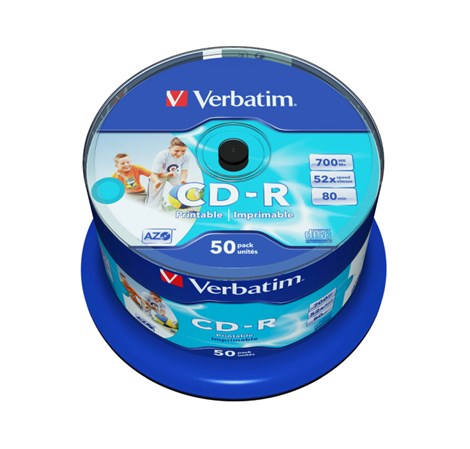 CD-R Verbatim 700MB 52× DataLife/Wide Inkjet Printable/No ID 50 pack spindle