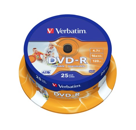 DVD-R Verbatim 4.7GB 16× Wide Inkjet Printable 25 pack spindle