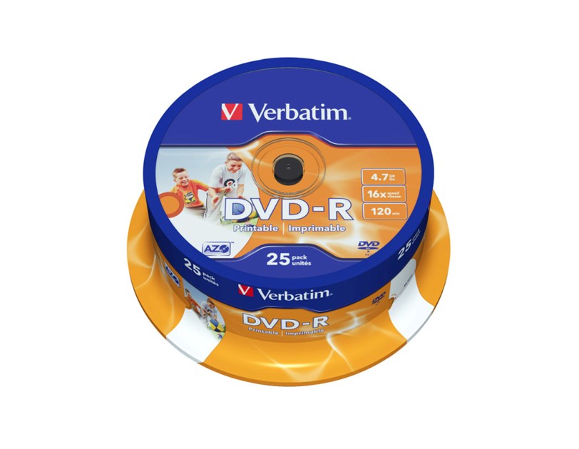 DVD-R Verbatim 4.7GB 16× Wide Inkjet Printable 25 pack spindle