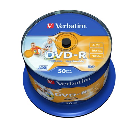 DVD-R Verbatim 4.7GB 16× Wide Inkjet Printable 50 pack spindle