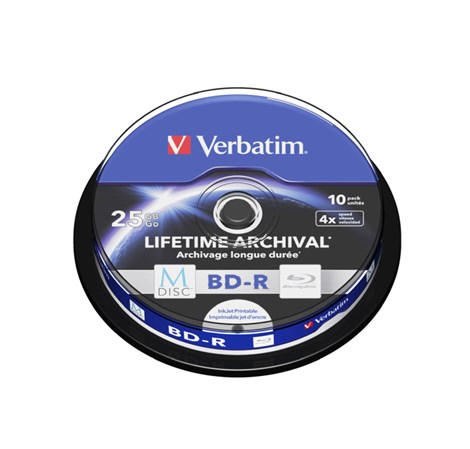 M-Disc Lifetime Archival Verbatim 25GB BD-R SL 4× Inkjet Printable 10 pack spindle
