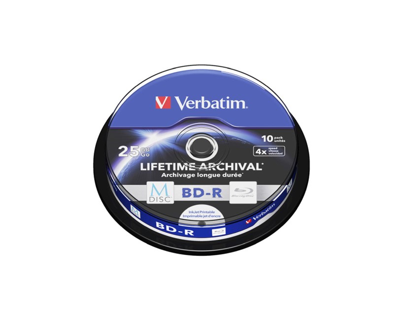 M-Disc Lifetime Archival Verbatim 25GB BD-R SL 4× Inkjet Printable 10 pack spindle