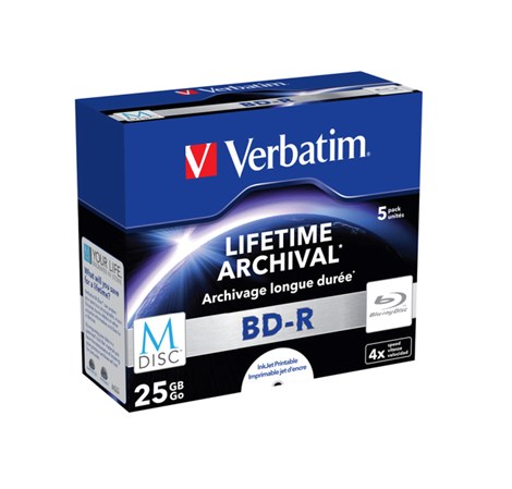 M-Disc Lifetime Archival Verbatim 25GB BD-R SL 4× Inkjet Printable 5 pack JC