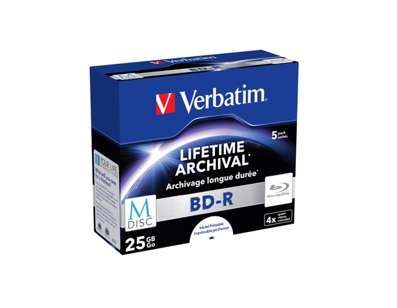 M-Disc Lifetime Archival Verbatim 25GB BD-R SL 4× Inkjet Printable 5 pack JC