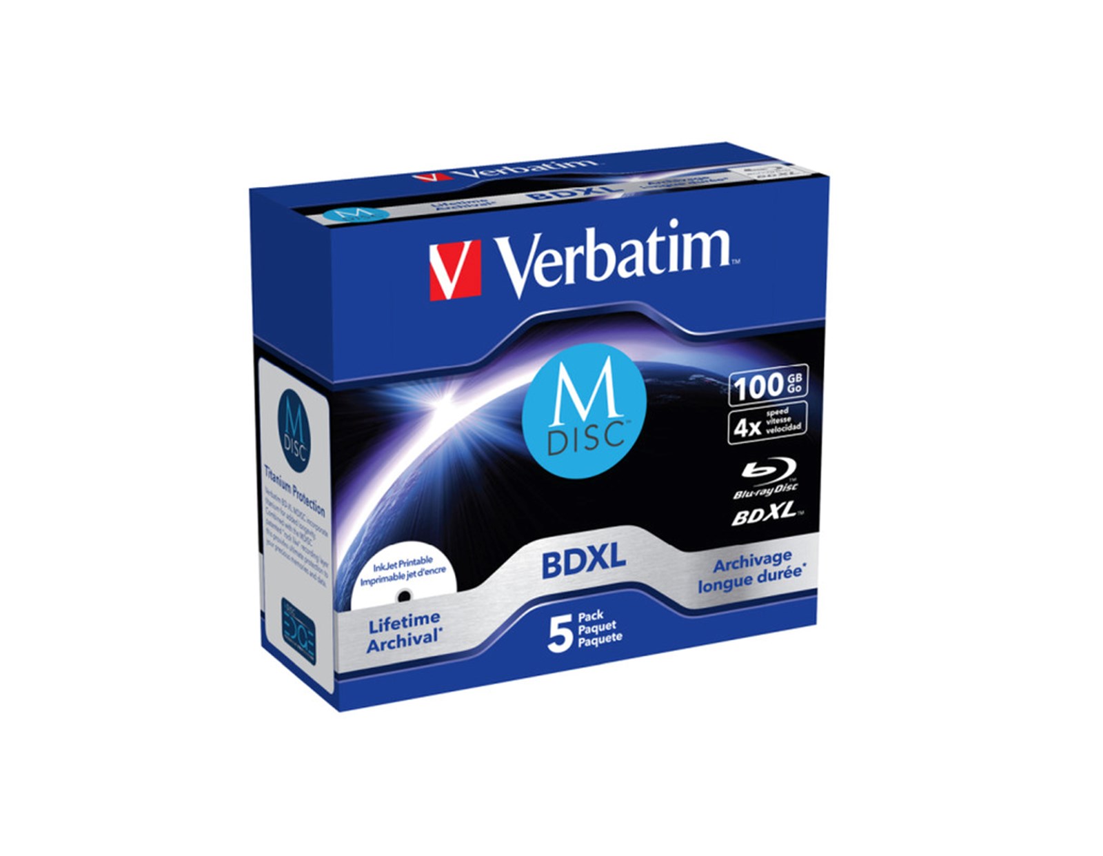 M-Disc Lifetime Archival Verbatim 100GB BD-R XL 4× Inkjet Printable 5 pack JC