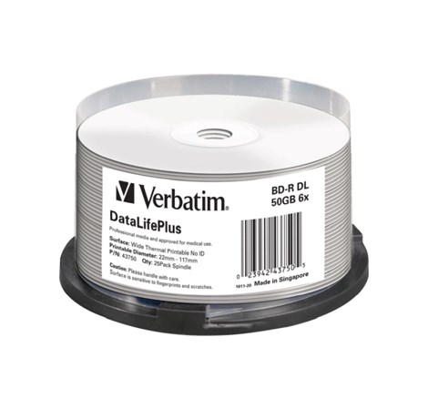 Blu-Ray Verbatim BD-R DL 6× 50GB Wide Thermal Printable/No ID 25 pack spindle