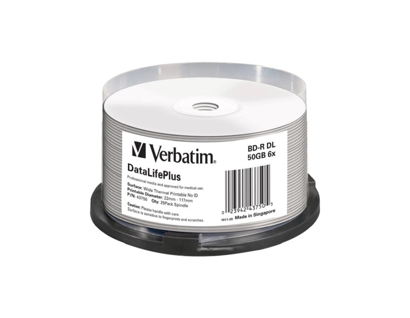 Blu-Ray Verbatim BD-R DL 6× 50GB Wide Thermal Printable/No ID 25 pack spindle