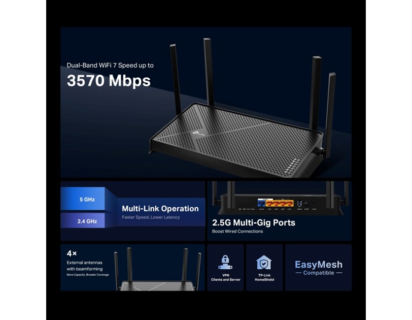 TP-Link BE3600 Archer BE230 Dual-Band Wi-Fi 7 bežični umjerivač (Dual-Band router) 688Mbps/867Mbps (2.4GHz/5Ghz) 2× 2.5G WAN/LAN, 3xGLAN, 1xUSB-A, Tether App