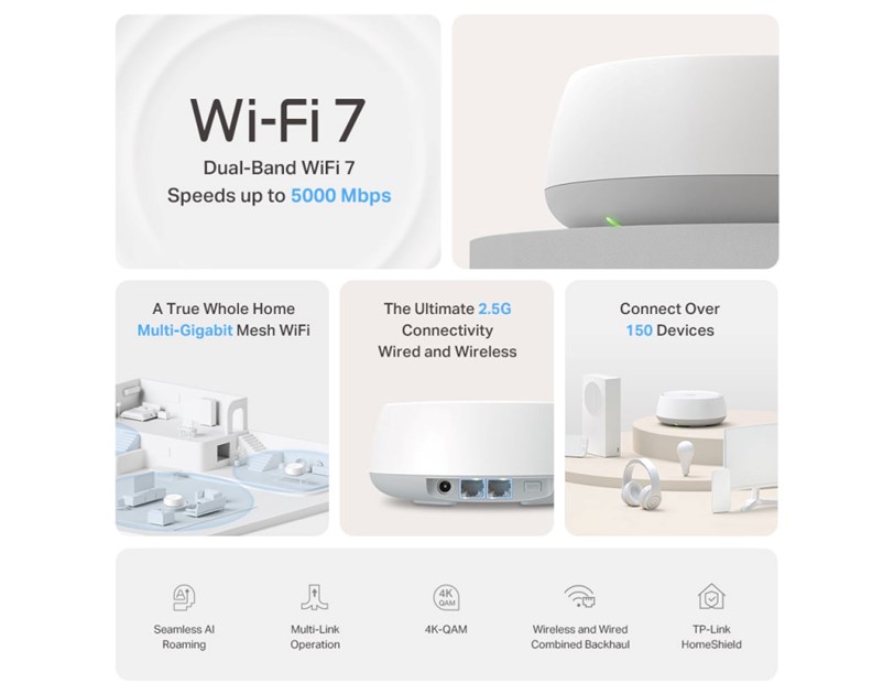 TP-Link BE5000 Tri-Band Whole Home Mesh WiFi 7, 688Mbps/4324 Mbps (2.4GHz/5GHz) 2×2.5 Gbps port, Deco App