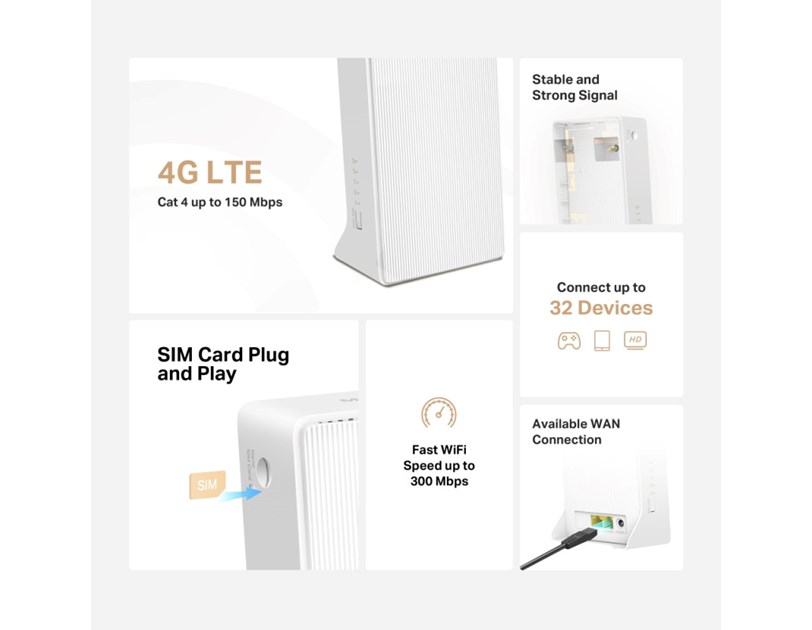 Mercusys bežični N 4G LTE usmjerivač (Router) 300Mbps (2.4GHz), 802.11b/g/n, interni 4G modem, 1×LAN/1×WAN, utor za SIM karticu