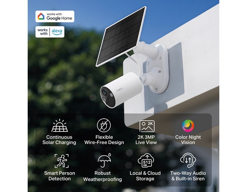TP-Link Tapo C410 kamera + Tapo A201 Solar panel 2K 3MP, H.264, Color Night Vision, microSD, 2×Spotlights, dvosmjerni audio, detekcija pokreta, vodootporna IP65, Wi-Fi, Tapo app