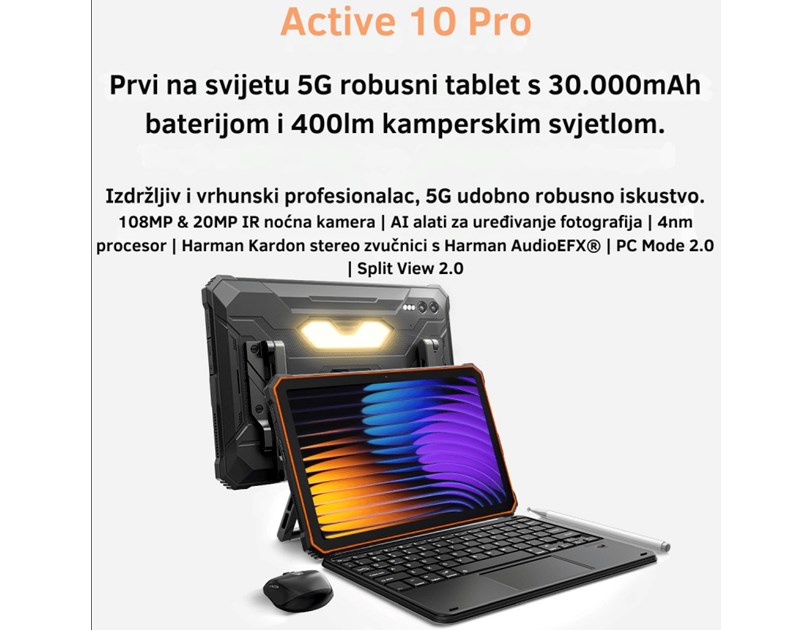 BLACKVIEW Tab Active 10 Pro 5G 12/512 GB, 10.95" FHD+ (1920x1200) IPS, 50MP/108MP, WiFi, DokeOS P 4.0 + zaštita za staklo, bez adaptera, crni