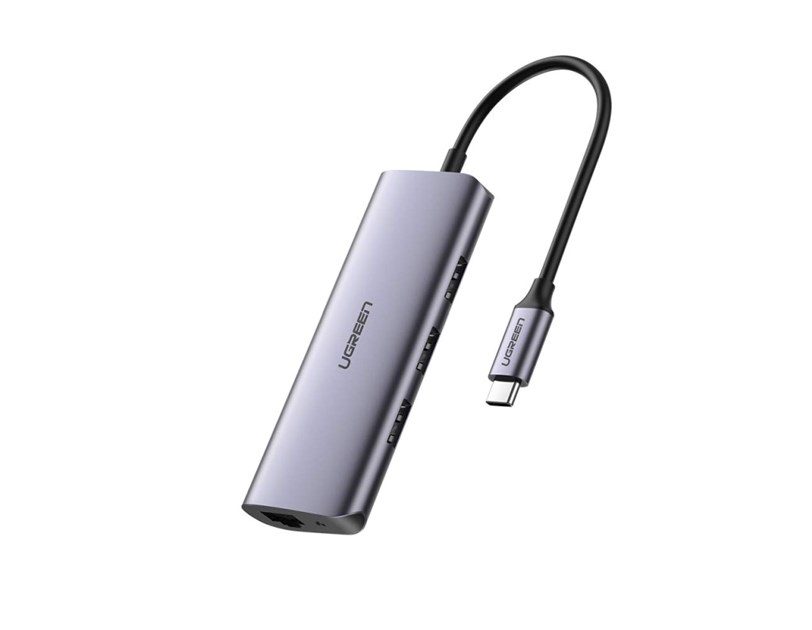 UGREEN 4-portni USB-C HUB 3xUSB 3.0 A, 1xRJ45 + micro USB power port, sivi