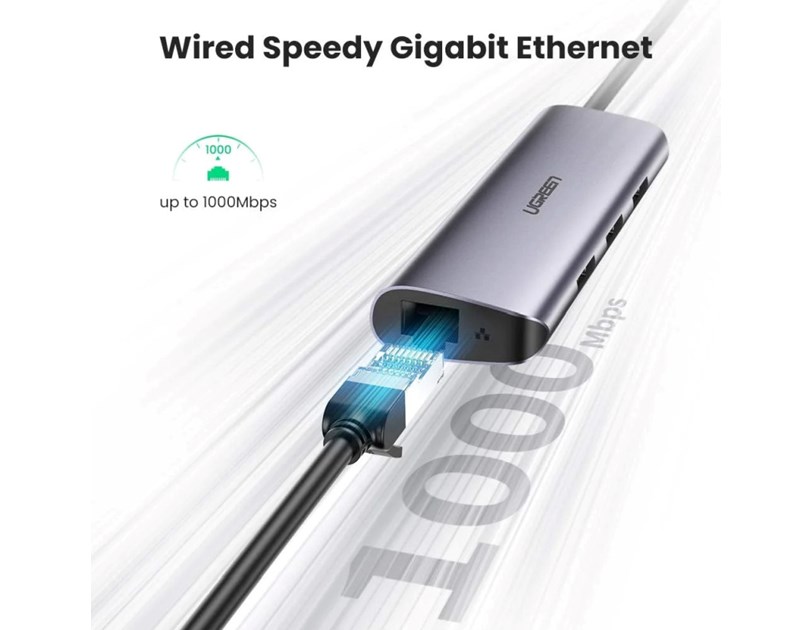 UGREEN 4-portni USB-C HUB 3xUSB 3.0 A, 1xRJ45 + micro USB power port, sivi