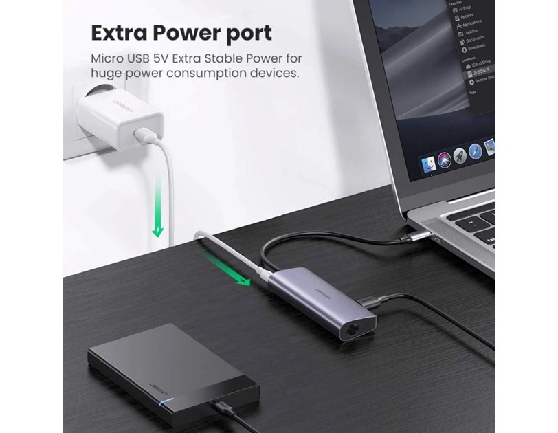 UGREEN 4-portni USB-C HUB 3xUSB 3.0 A, 1xRJ45 + micro USB power port, sivi