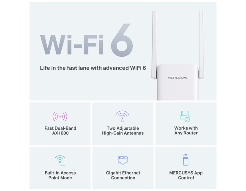 Mercusys AX1800 bežični pojačivač dometa (Range Extender Wi-Fi 6) Dual Band 574Mbps/1201Mbps (2.4GHz/5GHz), 802.11ax/a/n/ac/b/g/n, 1×G-LAN, 2×vanjska antena