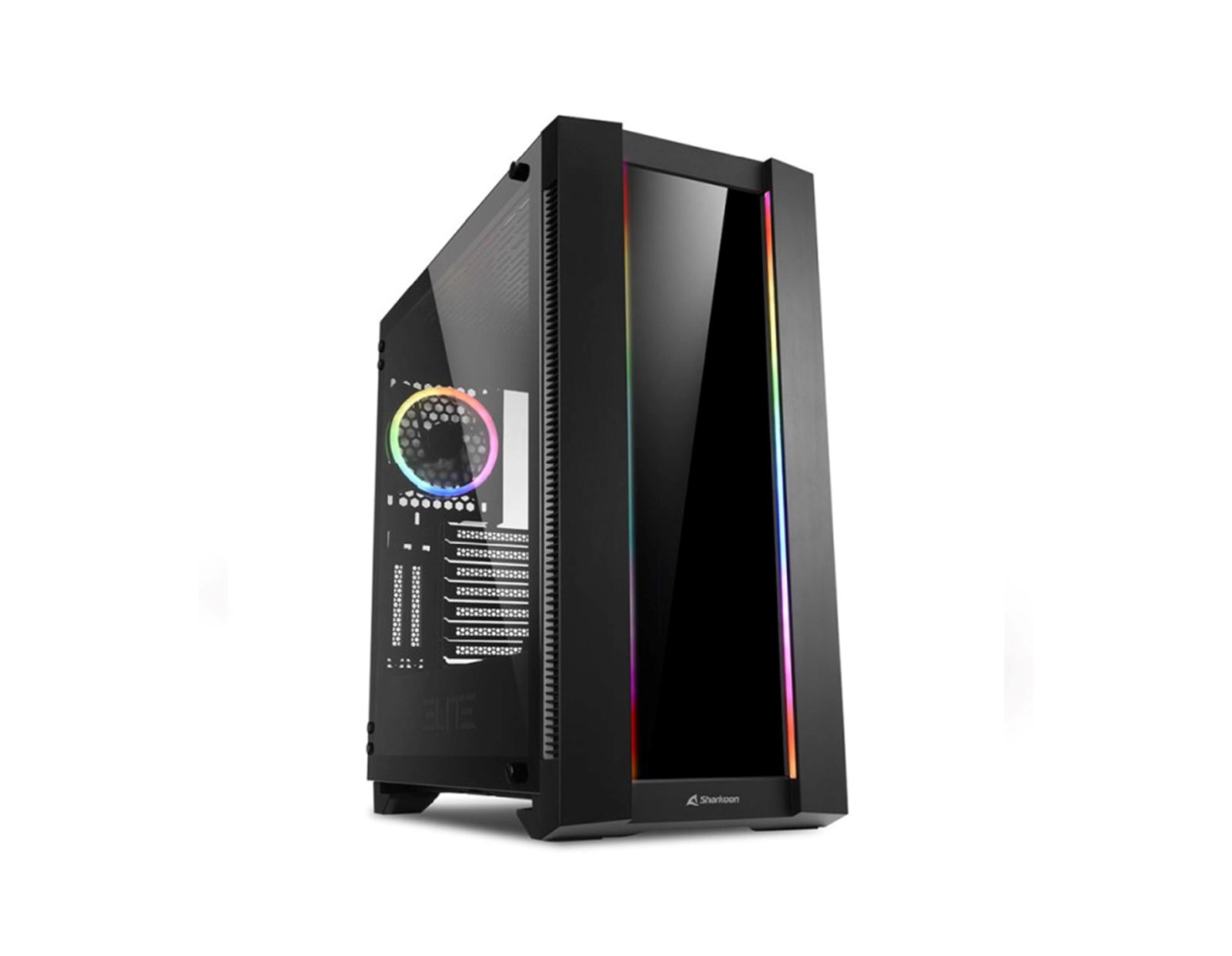 Sharkoon ELITE SHARK CA200G Tower E-ATX kućište, bez napajanja, prozirna bočna stranica, RGB ventilator stražnji 1×120, crno