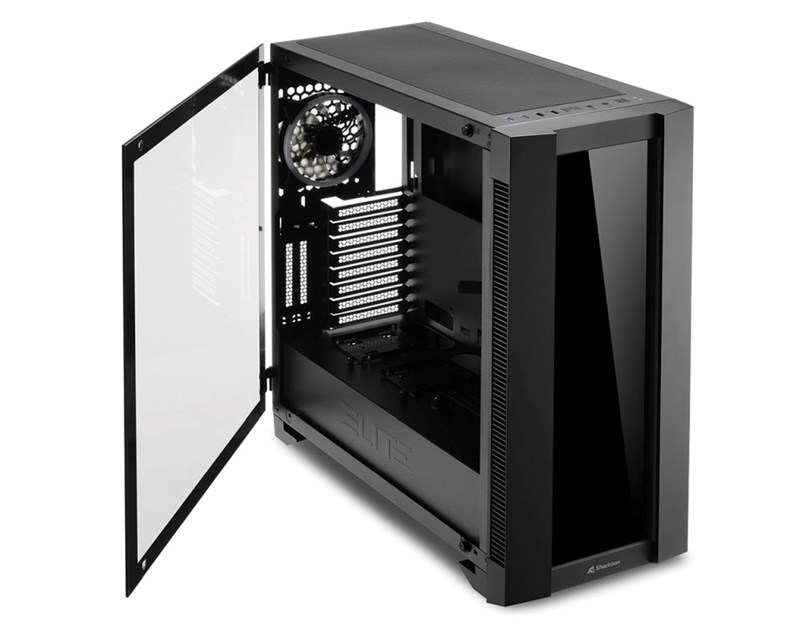 Sharkoon ELITE SHARK CA200G Tower E-ATX kućište, bez napajanja, prozirna bočna stranica, RGB ventilator stražnji 1×120, crno
