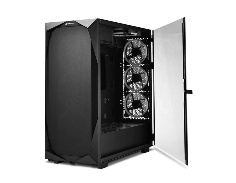 Sharkoon REV300 Midi Tower E-ATX kućište bez napajanja, prozirna bočna stranica, RGB ventilatori prednji 3×140/stražnji 3×120/gornji 1×120, crno
