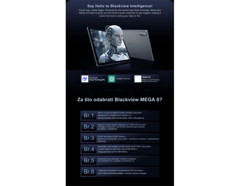 BLACKVIEW MEGA 8 12/512GB, 13" FHD (1200x1920) IPS, 13MP/50MP, WiFi, DokeOS P 4.1 + preklopna torbica, zaštita za staklo, stylus pen, bez adaptera, plavi
