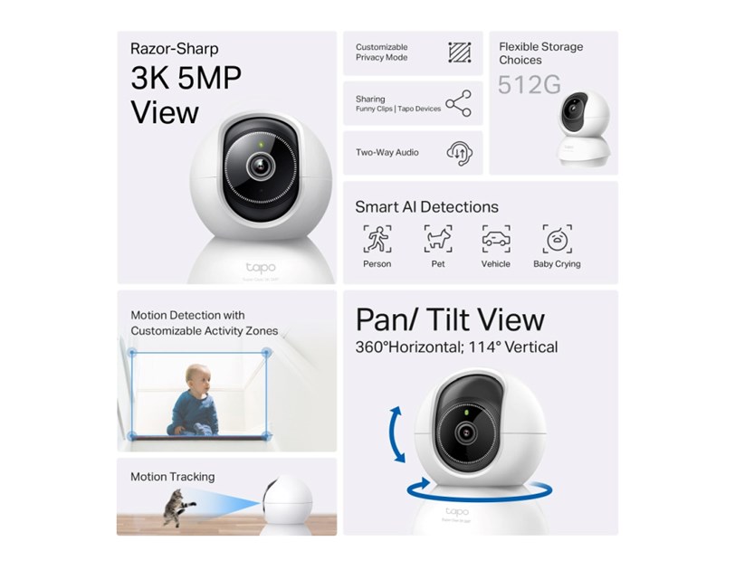 TP-Link Tapo C230 AI kamera 3K 5MP, H.264, 360°/114° Pan/Tilt, Advanced Night Vision, microSD, dvosmjerni audio, AI detekcija pokreta, Wi-Fi, Tapo app
