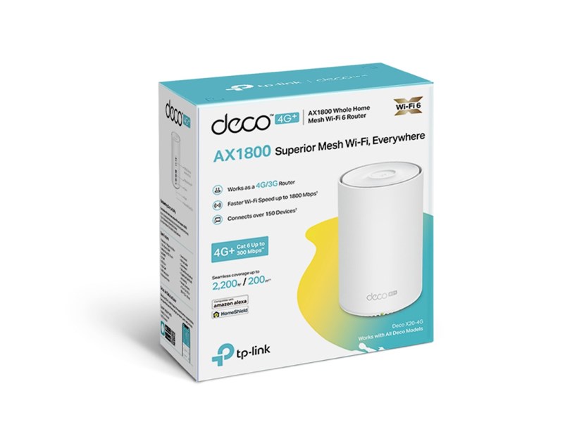 TP-Link Deco X20 4G+ AX1800 Whole-Home Mesh Wi-Fi 6, 574Mbps/1201Mbps (2.4GHz/5GHz), 802.11ax/ac/n/a/b/g, 2×G-LAN, Deco App