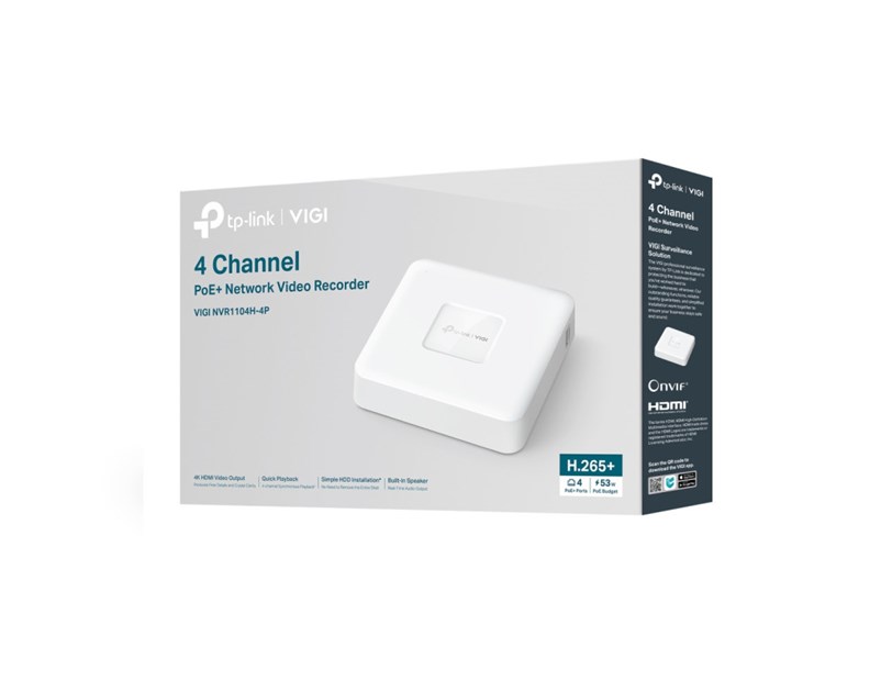 TP-Link Network video snimač, 4 kanala, H.265+/H.265/H.264+/H.264, 8MP, 10B HDD, 1×SATA, VGA/HDMI, RJ-45, USB×2, 2xAudio, Vigi app