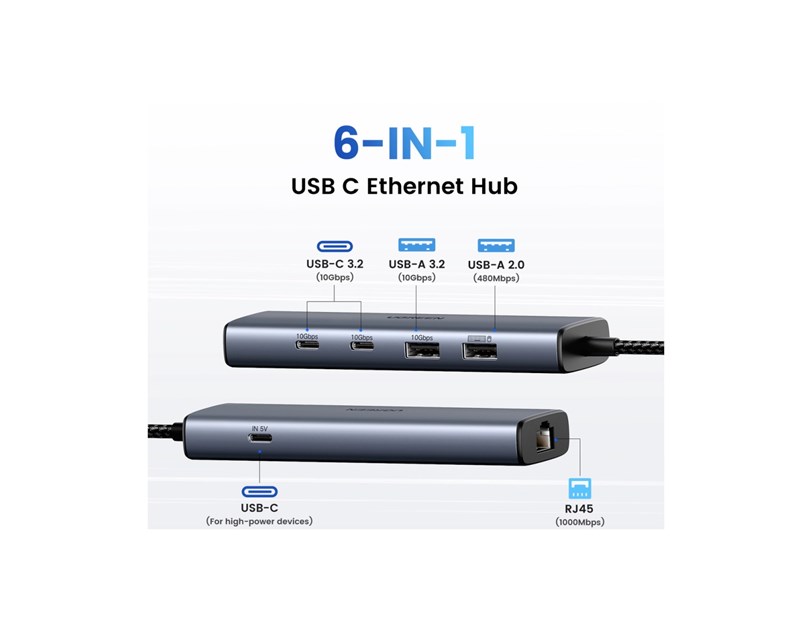 UGREEN 6-portni USB-C HUB na 1xUSB-A 3.2, 2xUSB-C 3.2, 1xUSB-A 2.0, 1xUSB-C za napajanje, 1x RJ45 konektor, sivi