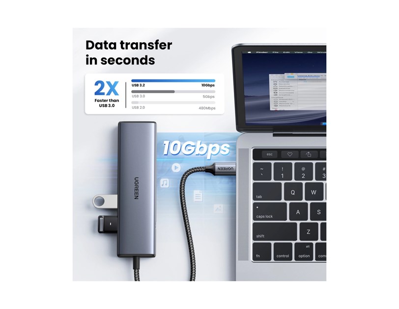 UGREEN 6-portni USB-C HUB na 1xUSB-A 3.2, 2xUSB-C 3.2, 1xUSB-A 2.0, 1xUSB-C za napajanje, 1x RJ45 konektor, sivi