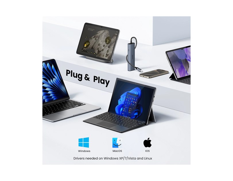 UGREEN 6-portni USB-C HUB na 1xUSB-A 3.2, 2xUSB-C 3.2, 1xUSB-A 2.0, 1xUSB-C za napajanje, 1x RJ45 konektor, sivi