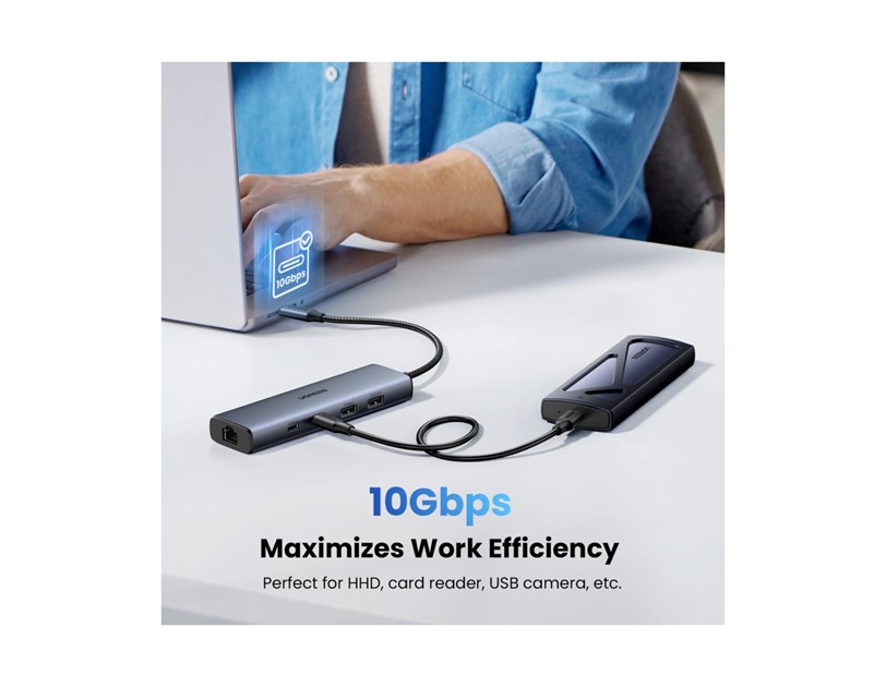 UGREEN 6-portni USB-C HUB na 1xUSB-A 3.2, 2xUSB-C 3.2, 1xUSB-A 2.0, 1xUSB-C za napajanje, 1x RJ45 konektor, sivi