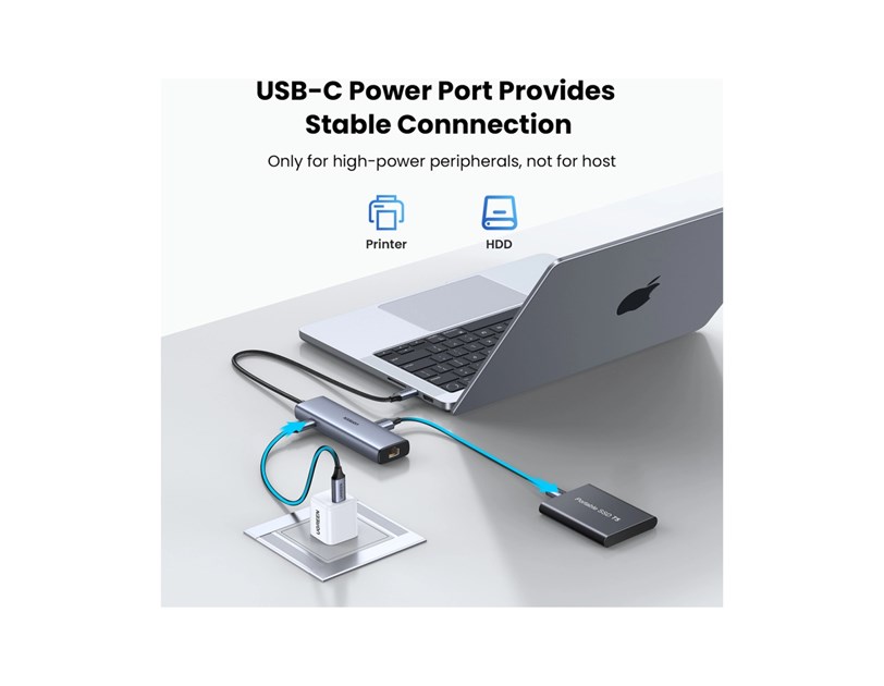 UGREEN 6-portni USB-C HUB na 1xUSB-A 3.2, 2xUSB-C 3.2, 1xUSB-A 2.0, 1xUSB-C za napajanje, 1x RJ45 konektor, sivi