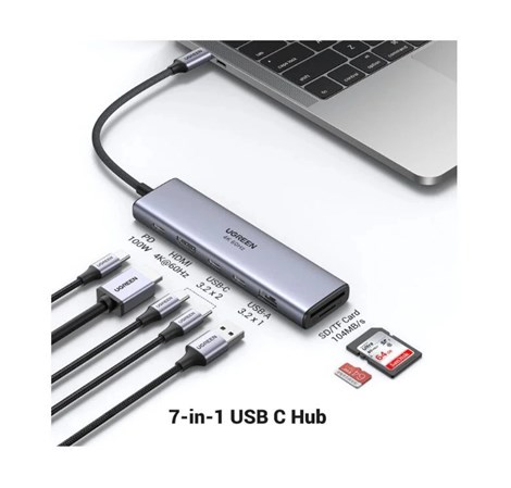 UGREEN 7-portni USB-C HUB na 1xUSB-A 3.2, 2xUSB-C 3.2, 1xSD/TF čitač memorijskih kartica, 1xUSB-C za napajanje, 1x HDMI, sivi