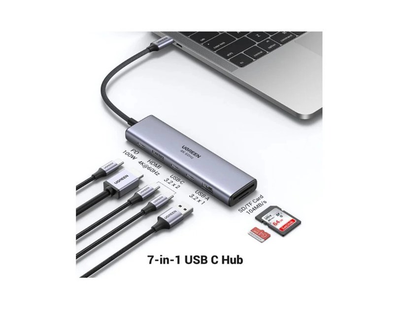 UGREEN 7-portni USB-C HUB na 1xUSB-A 3.2, 2xUSB-C 3.2, 1xSD/TF čitač memorijskih kartica, 1xUSB-C za napajanje, 1x HDMI, sivi