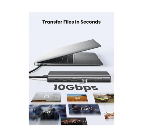 UGREEN 11-portni USB-C HUB na 2xUSB-A 3.2, 2xUSB-C 3.2, 1x USB-C 100W PD, 1x AUX 3.5mm, 1x USB-A 3.0, 1x VGA utor, 1x HDMI 60 Hz, 1x RJ45 Ethernet konektor, 1x SD/TF čitač kartica utor, sivi