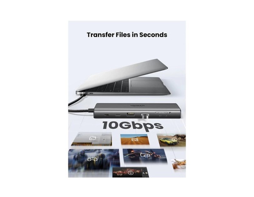 UGREEN 11-portni USB-C HUB na 2xUSB-A 3.2, 2xUSB-C 3.2, 1x AUX 3.5mm, 1x USB-A 3.0, 1x VGA utor, 1x HDMI 60 Hz, 1x RJ45 Ethernet konektor, 1x SD/TF čitač kartica utor, sivi