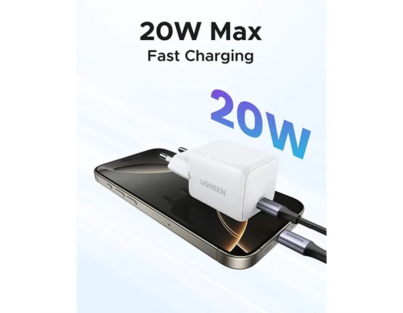 UGREEN zidni punjač 20W, 1×USB-C, GaN, bijeli