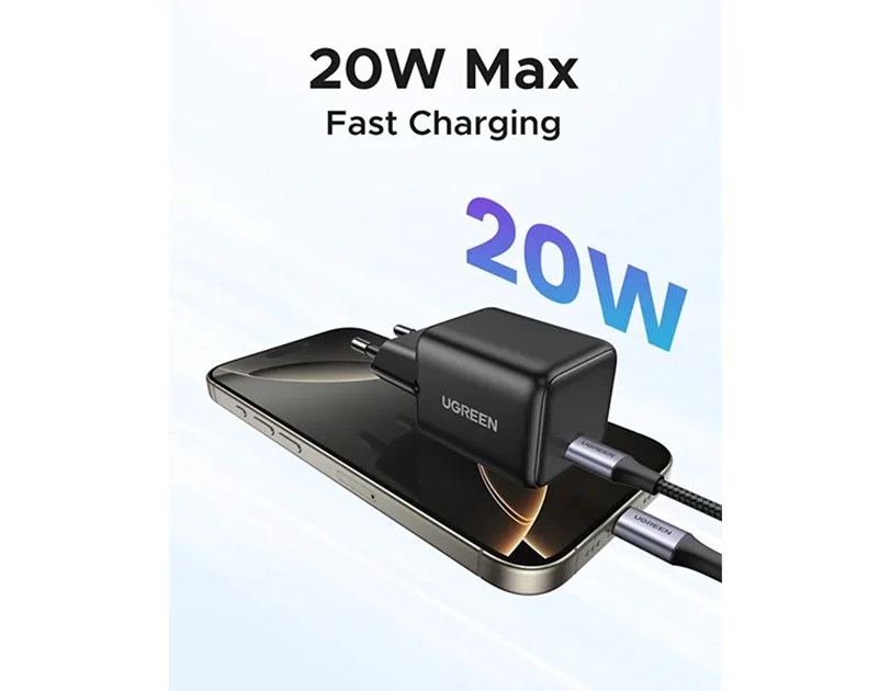 UGREEN zidni punjač 20W, 1×USB-C, GaN, crni