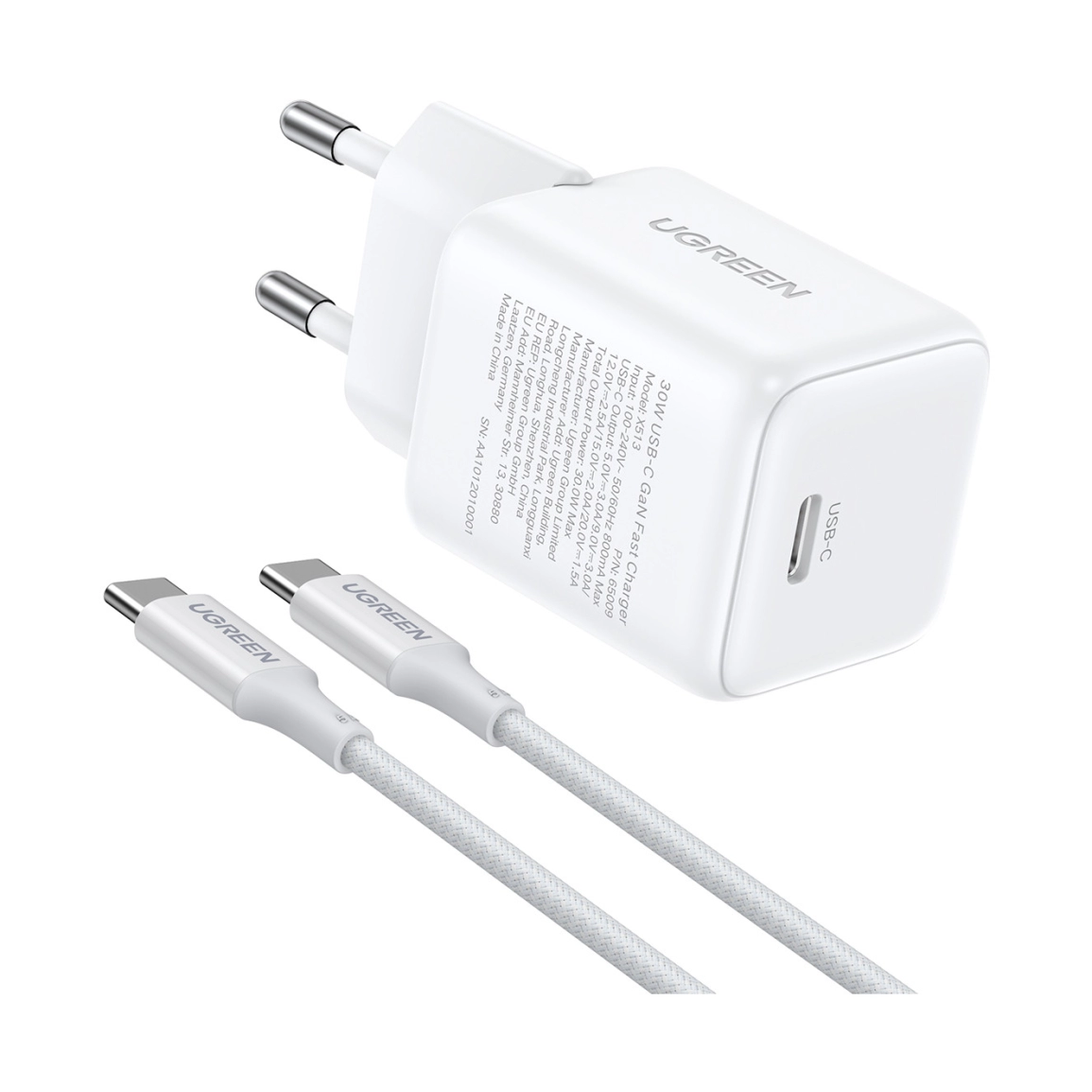 UGREEN zidni punjač 30W, USB-C, GaN, set, bijelii