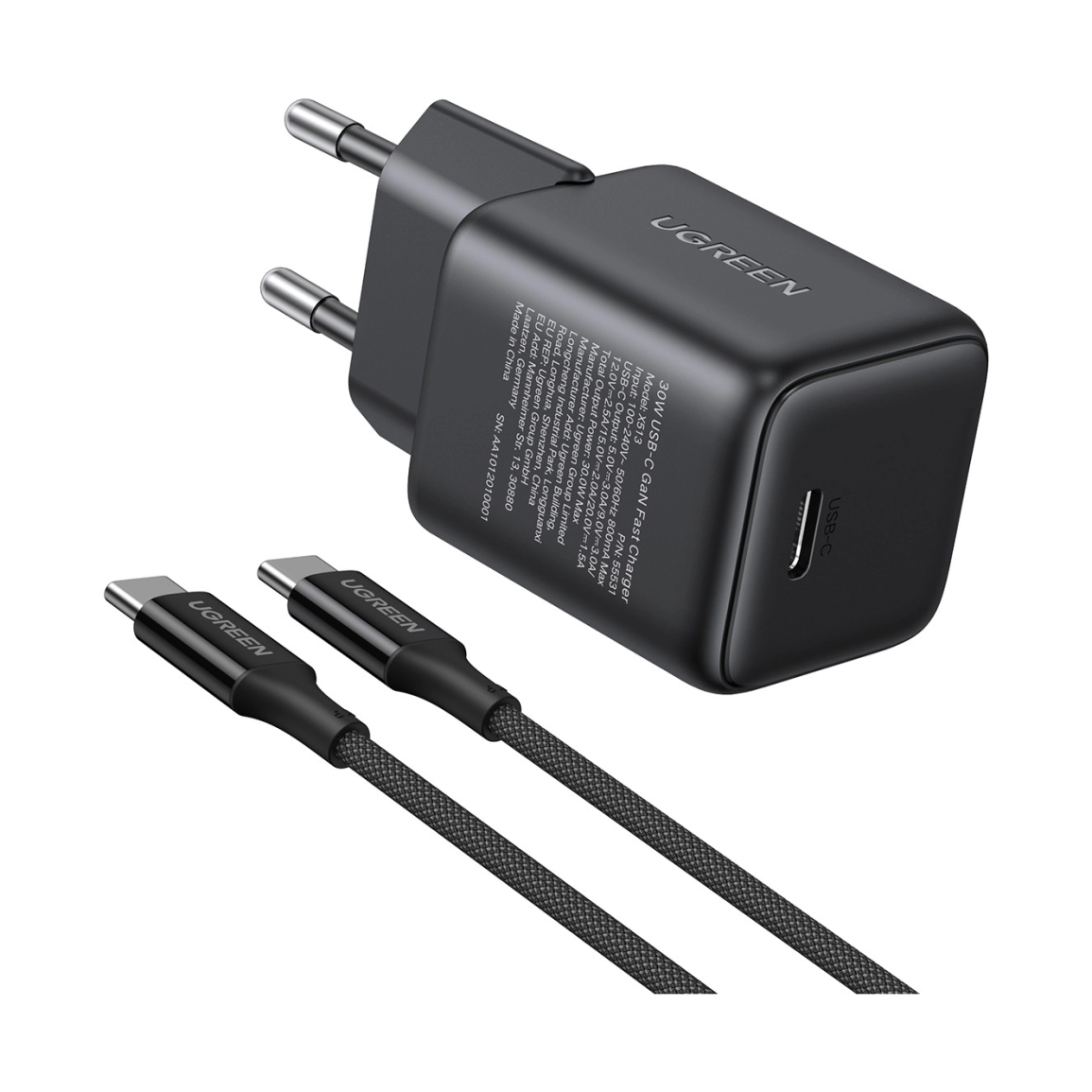 UGREEN zidni punjač 30W, USB-C, GaN, crni + USB-C kabel, 1m