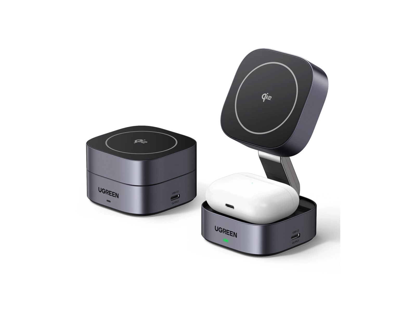 UGREEN 2in1 Qi2 Magnetic Foldable punjač, 15W, za Iphone 12-16, AirPods 3/2/Pro, sivi