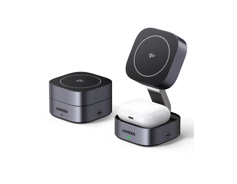 UGREEN 2in1 Qi2 Magnetic Foldable punjač, 15W, za Iphone 12-16, AirPods 3/2/Pro, sivi