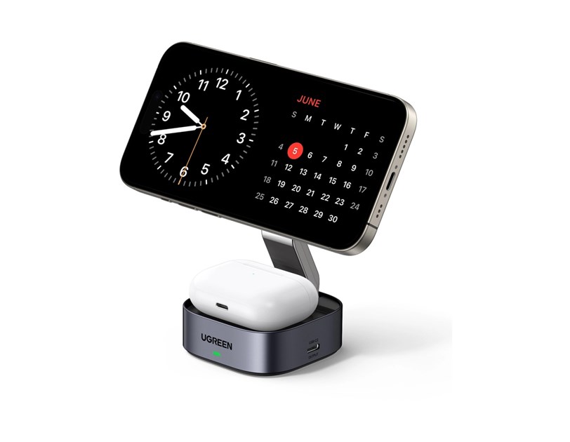 UGREEN 2in1 Qi2 Magnetic Foldable punjač, 15W, za Iphone 12-16, AirPods 3/2/Pro, sivi