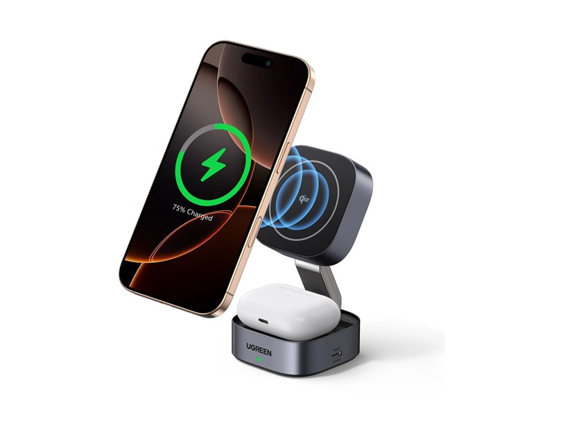 UGREEN 2in1 Qi2 Magnetic Foldable punjač, 15W, za Iphone 12-16, AirPods 3/2/Pro, sivi