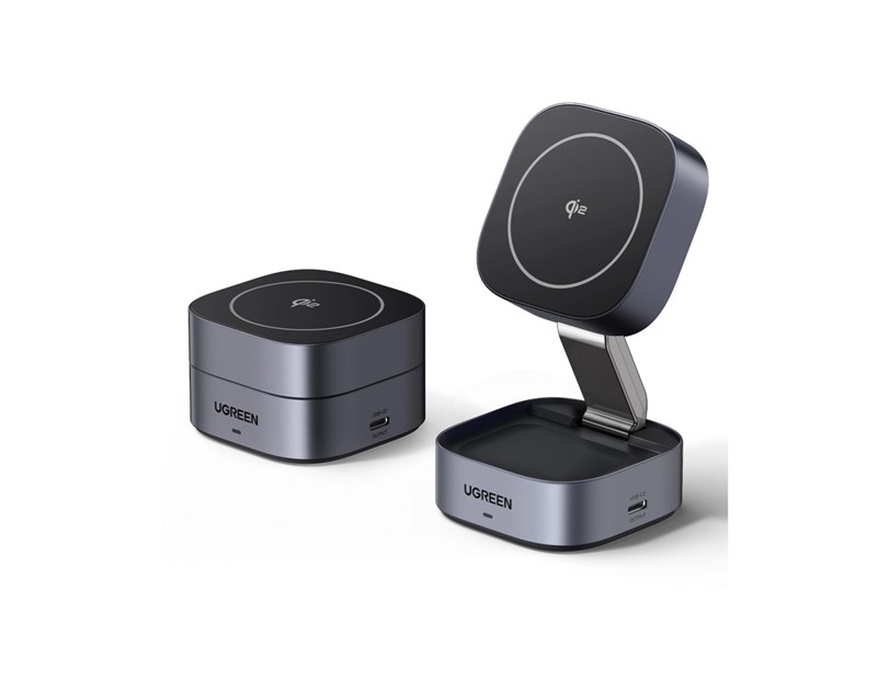 UGREEN 2in1 Qi2 Magnetic Foldable punjač, 15W, za Iphone 12-16, AirPods 3/2/Pro, sivi