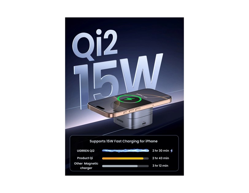 UGREEN 2in1 Qi2 Magnetic Foldable punjač, 15W, za Iphone 12-16, AirPods 3/2/Pro, sivi