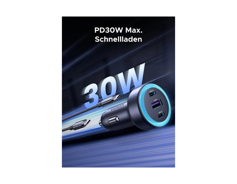 UGREEN auto punjač 30W s 3 ulaza, 2x USB-C, USB-A, PD3.0/QC3.0, sivi